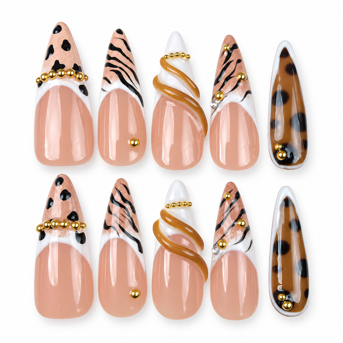 Wild French animal print French tip almond press-on nails with gold accents