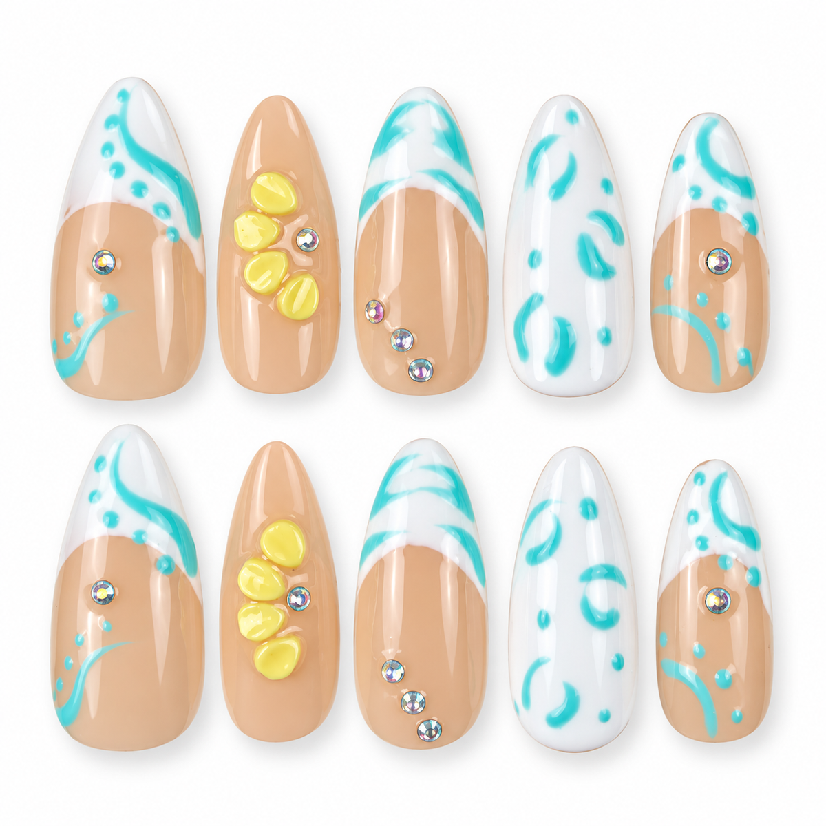 Turquoise Tide turquoise French tip and yellow floral almond press-on nails