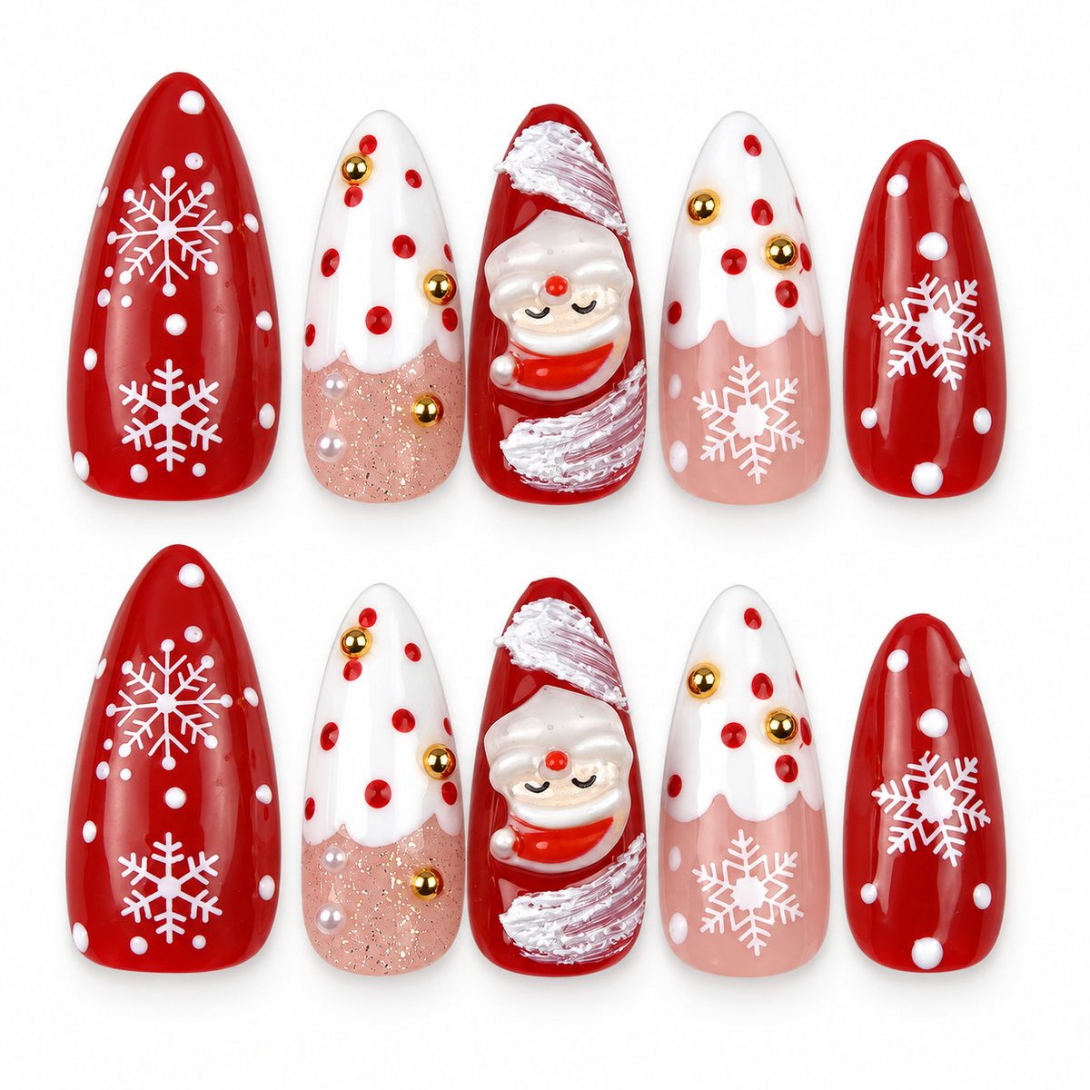 Santa Snow red and white Santa Christmas almond press-on nails