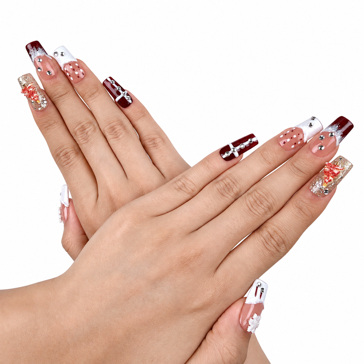 Close-up of hands wearing Winter Rose burgundy glitter and white snowflake Christmas square press-on nails