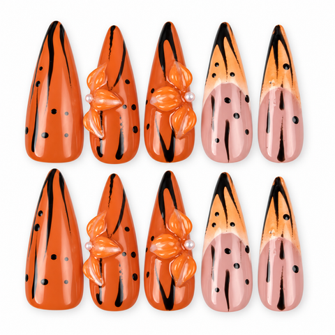 Tangerine Edge | Orange & Black Floral Stiletto Press-On Nails