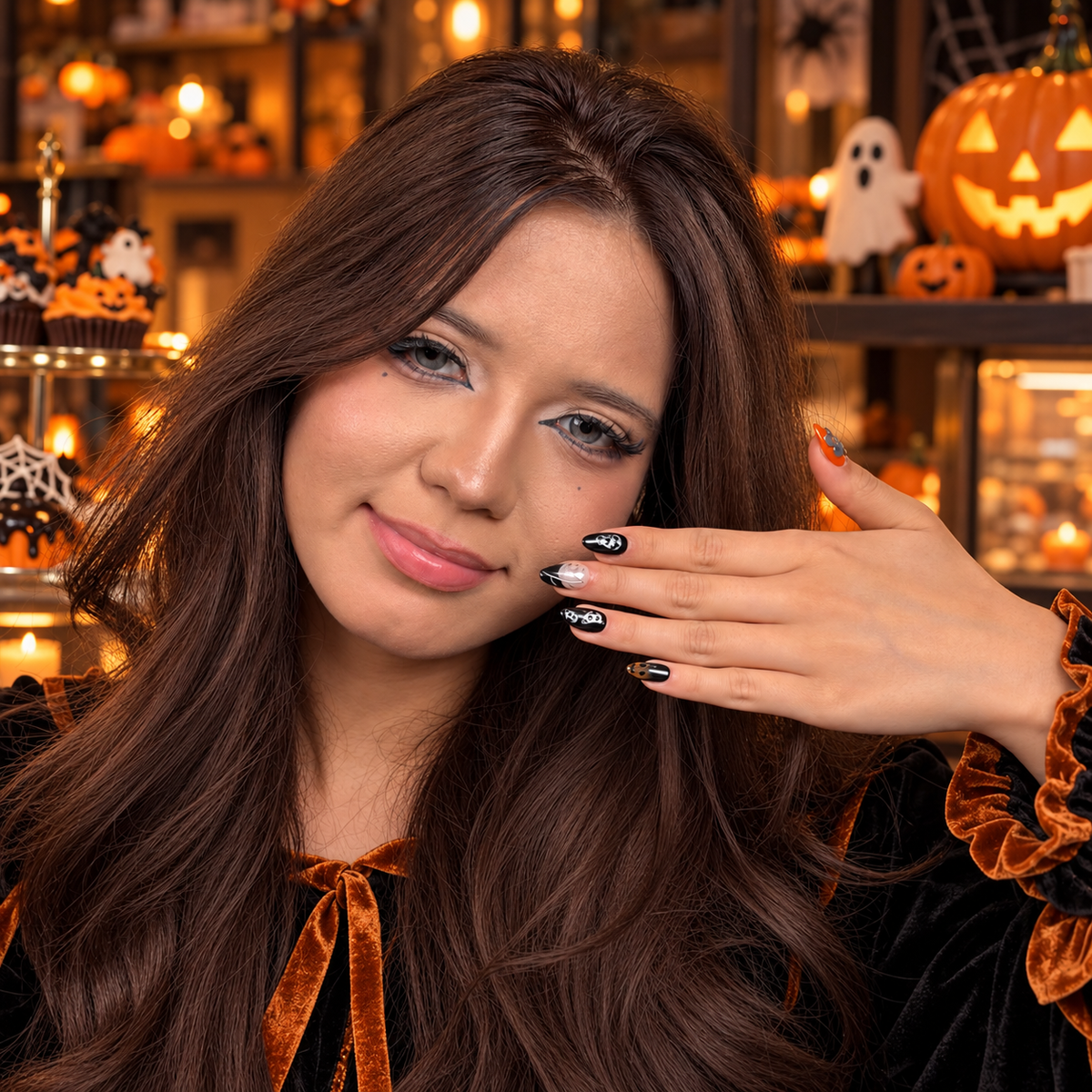 Model wearing Midnight Web black and orange skull and spiderweb almond press-on nails