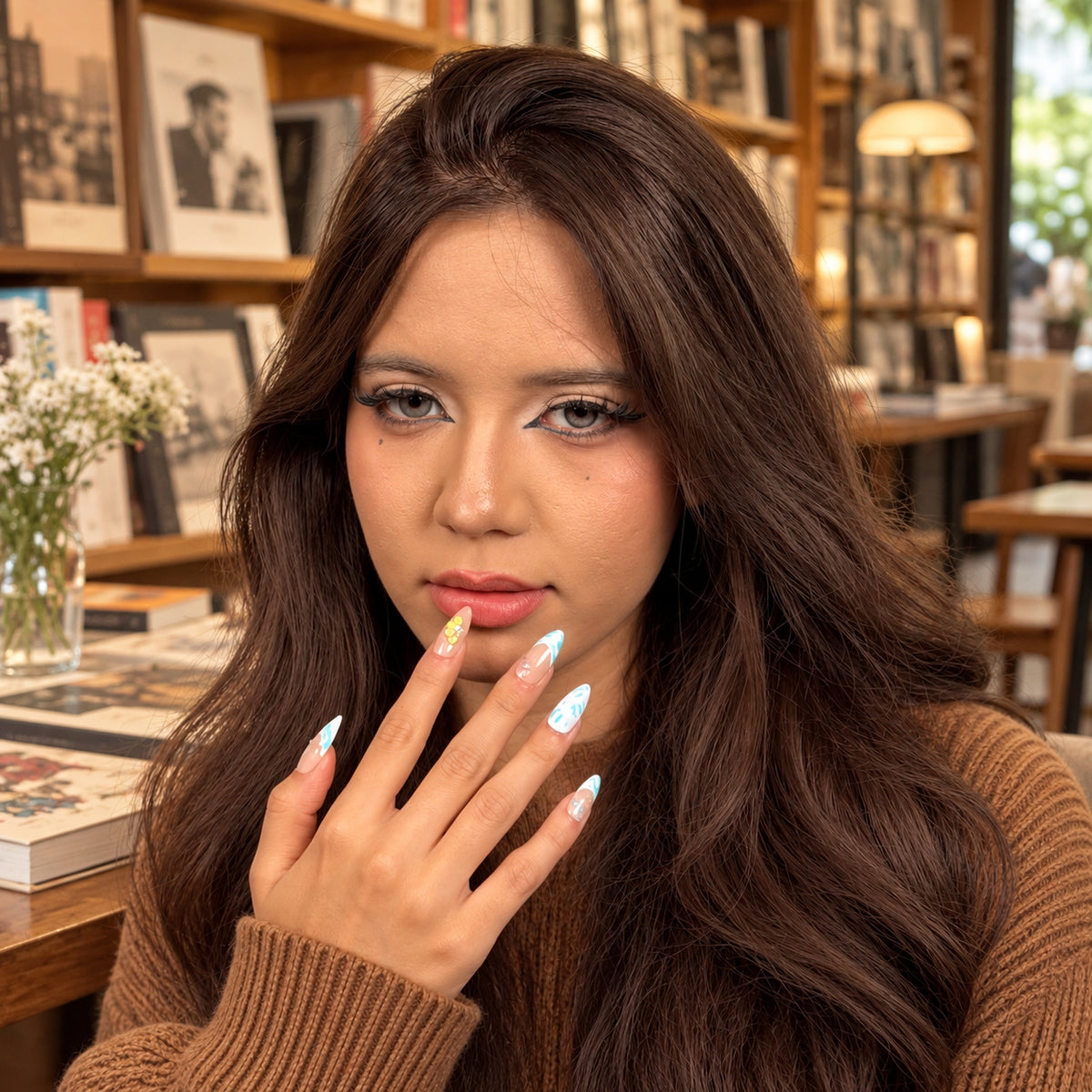 Model wearing Turquoise Tide turquoise French tip and yellow floral almond press-on nails