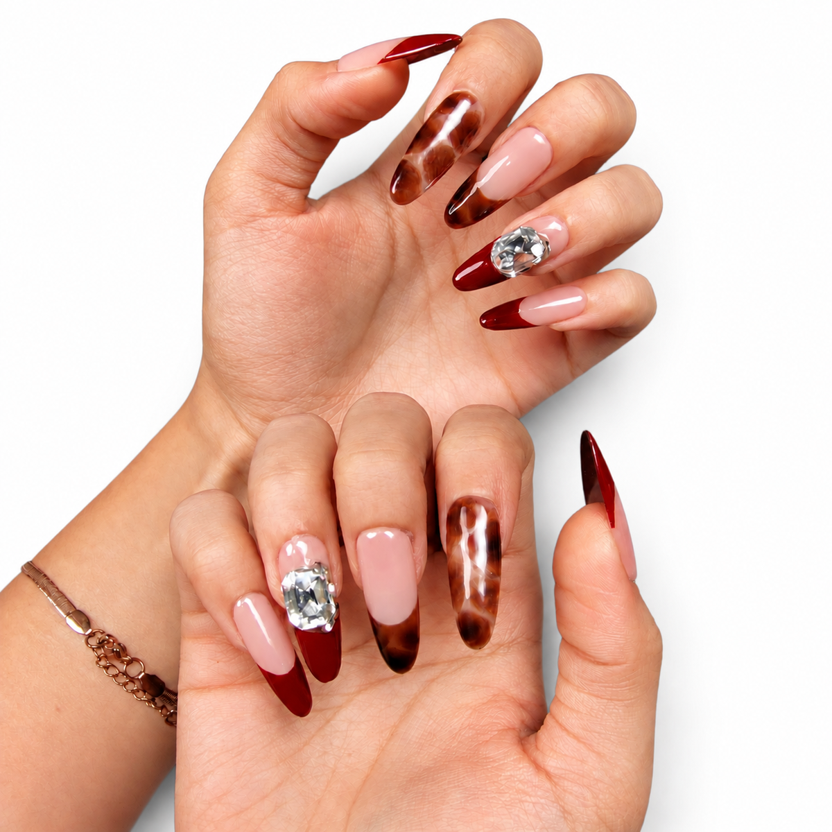 Burgundy Tortoiseshell Crystal French Extra-Long Oval Press-On Nails - product view 2