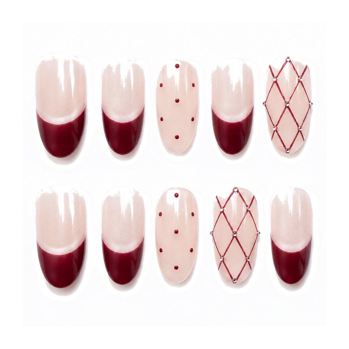 Burgundy Lattice French Medium Oval Press-On Nails by UB2 BEAUTY