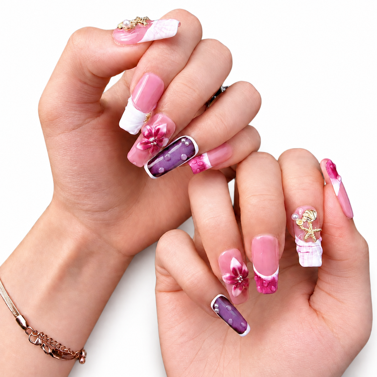Lavender Seashell Floral Medium Almond Press-On Nails - product view 2