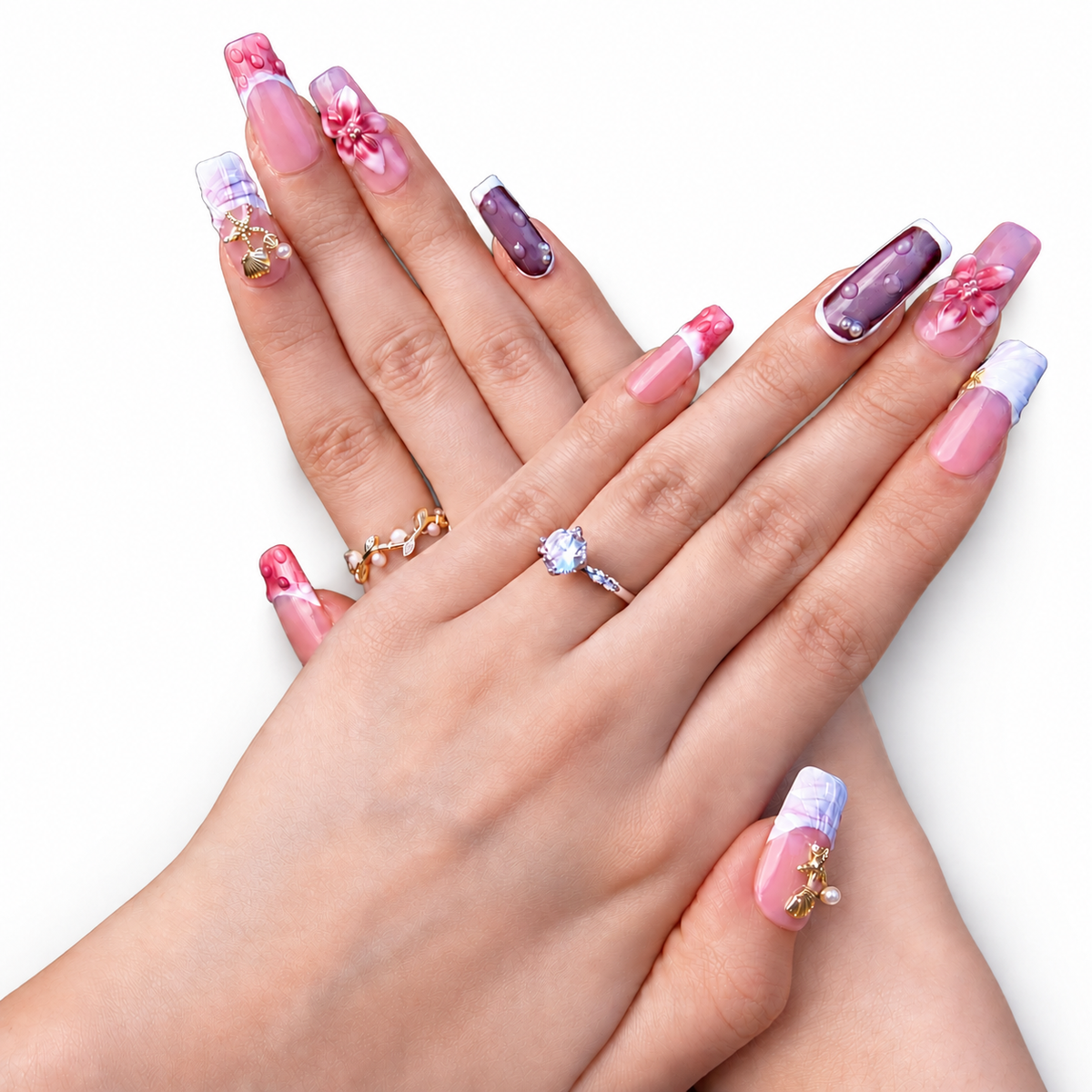 Lavender Seashell Floral Medium Almond Press-On Nails - product view 4