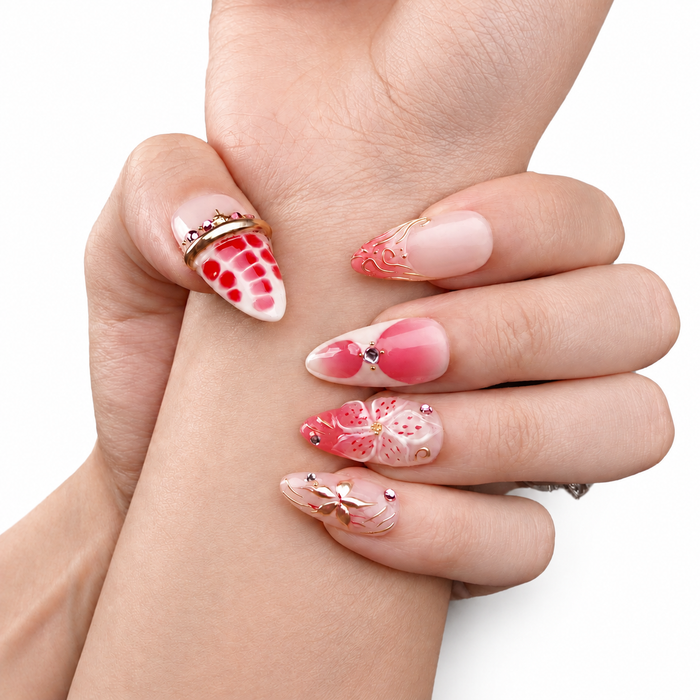 Strawberry Bloom — Floral Almond Press-On Nails