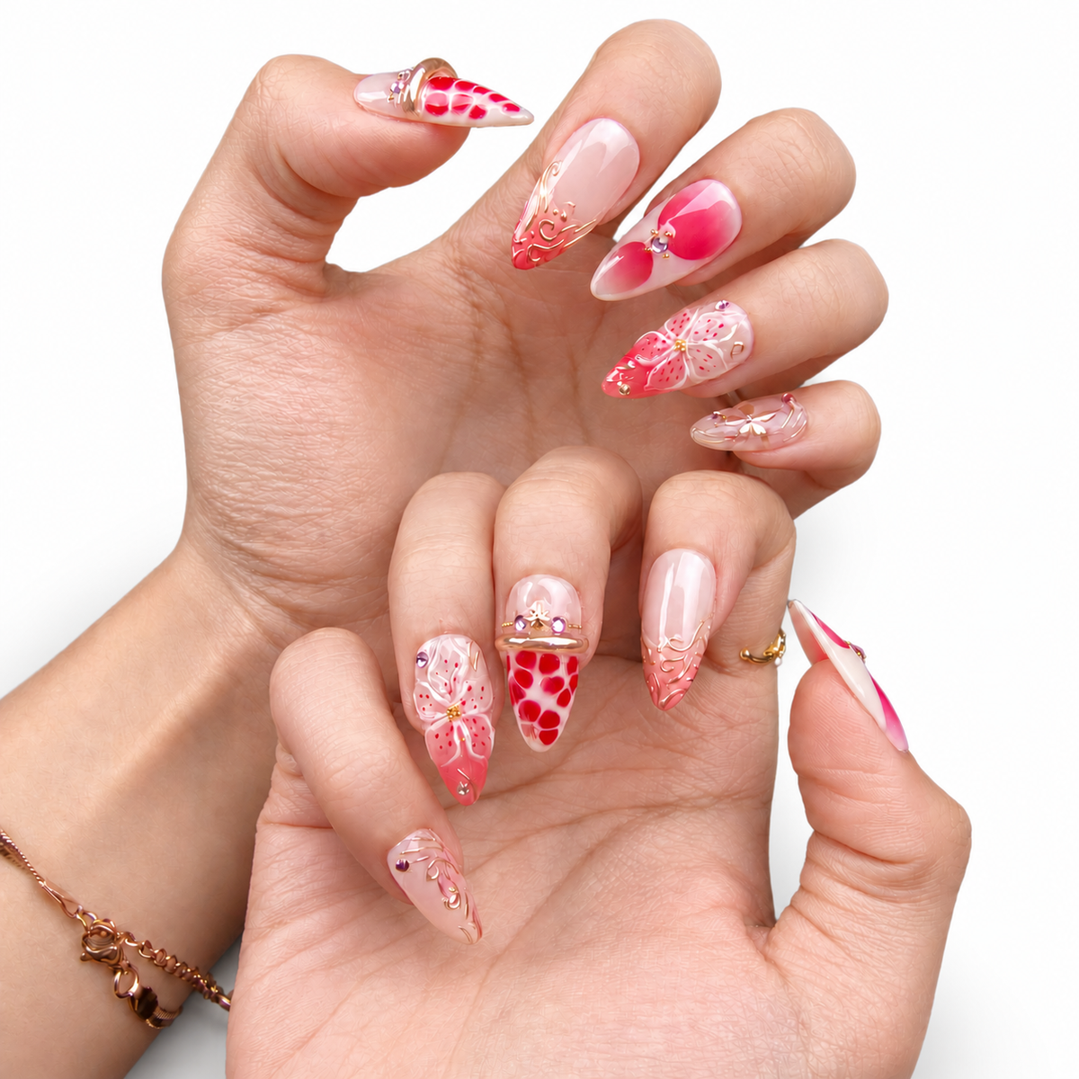 Strawberry Pink Floral Medium Almond Press-On Nails - product view 5