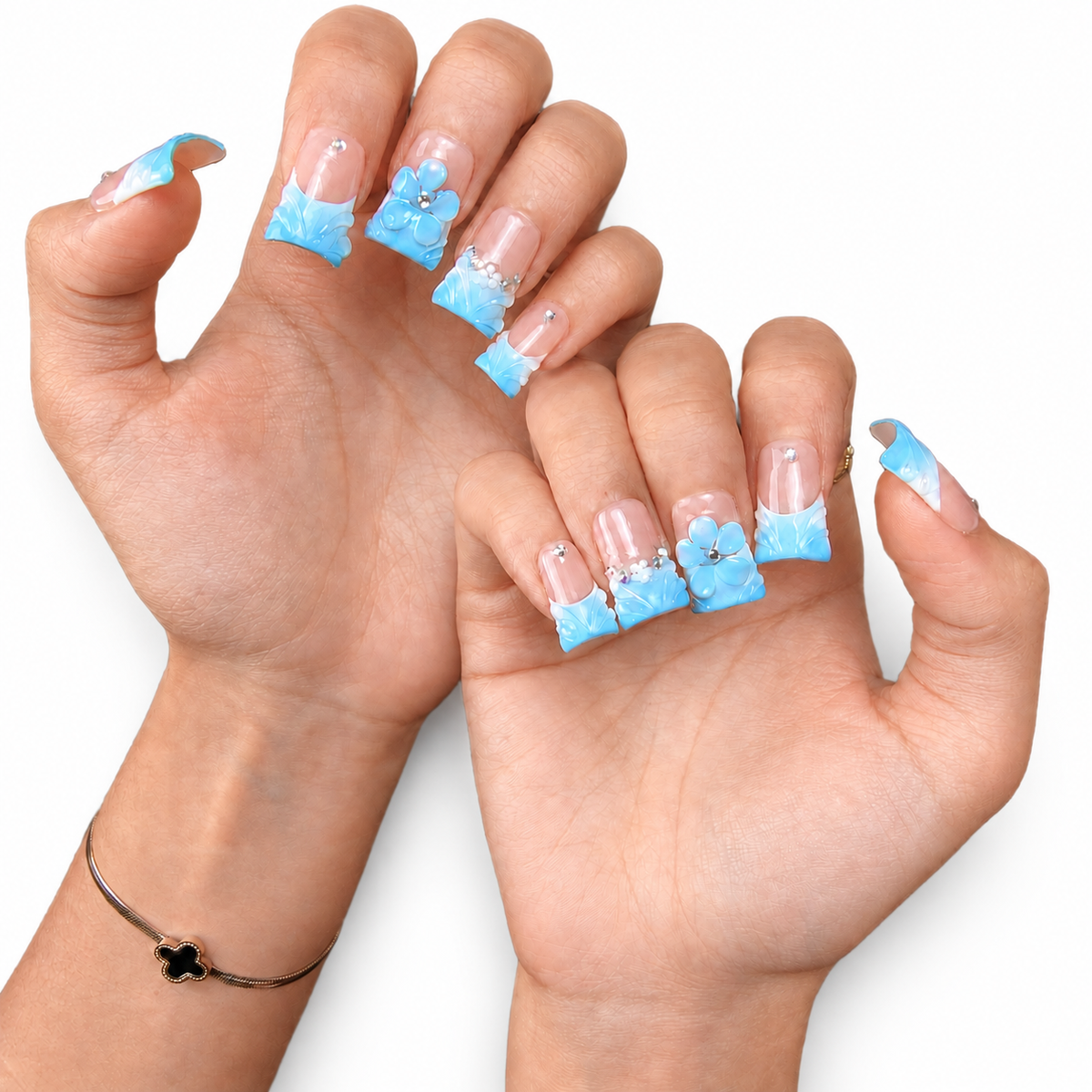 Cobalt Blue Floral Medium Square Press-On Nails - product view 2
