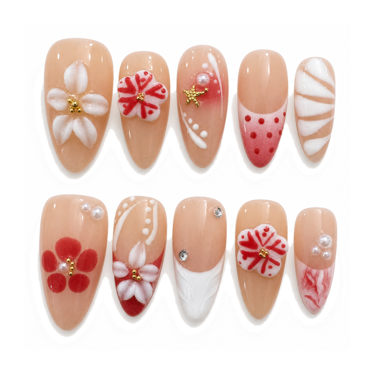 Red White Botanical Floral Medium Almond Press-On Nails by UB2 BEAUTY