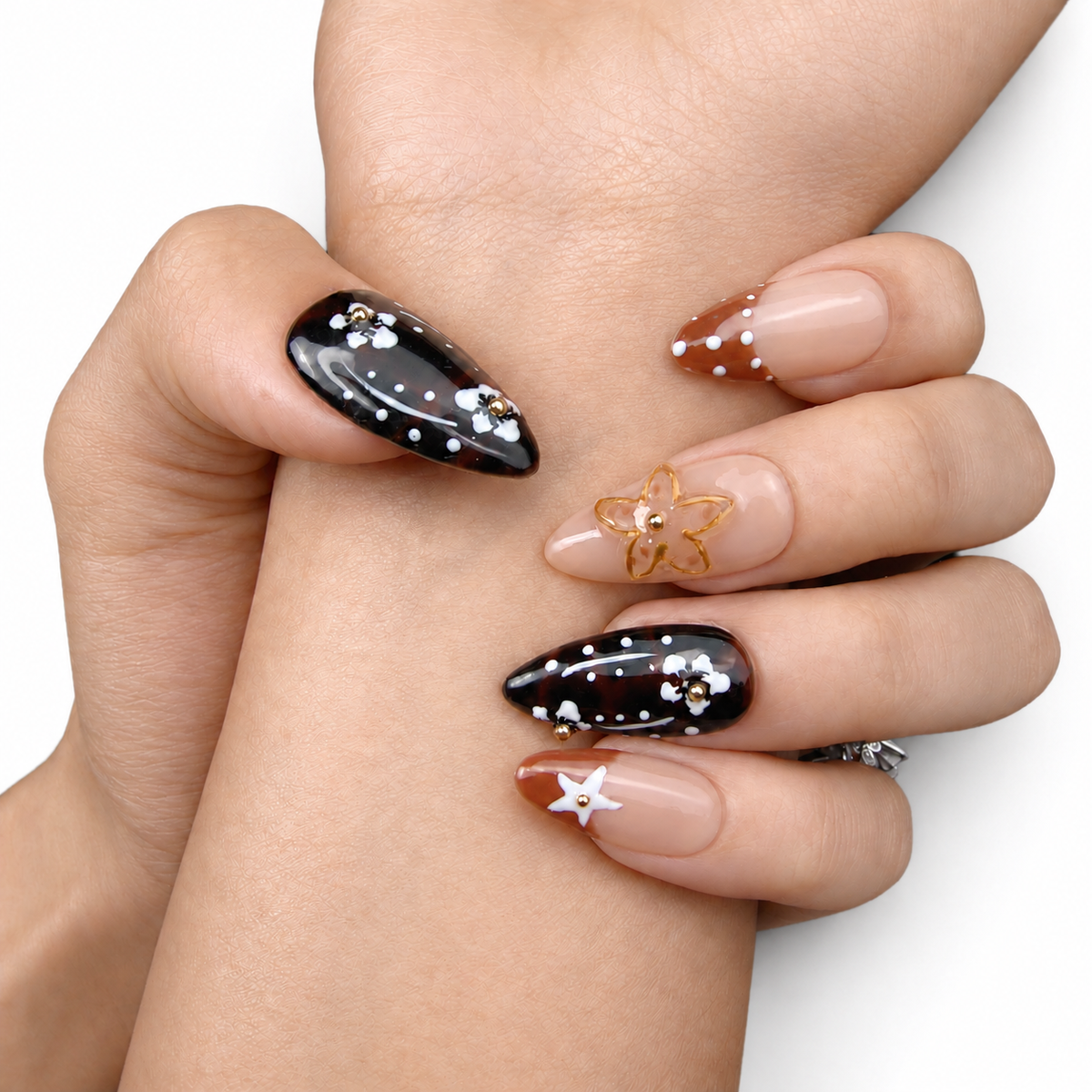 Black Pink Floral Contrast Medium Almond Press-On Nails by UB2 BEAUTY