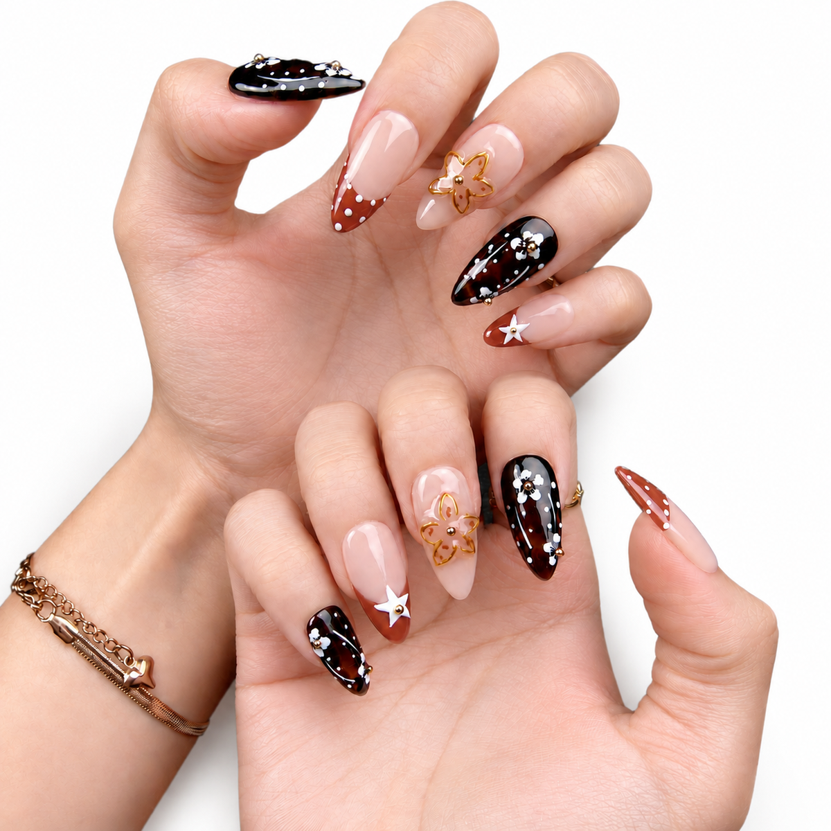 Black Pink Floral Contrast Medium Almond Press-On Nails - product view 3