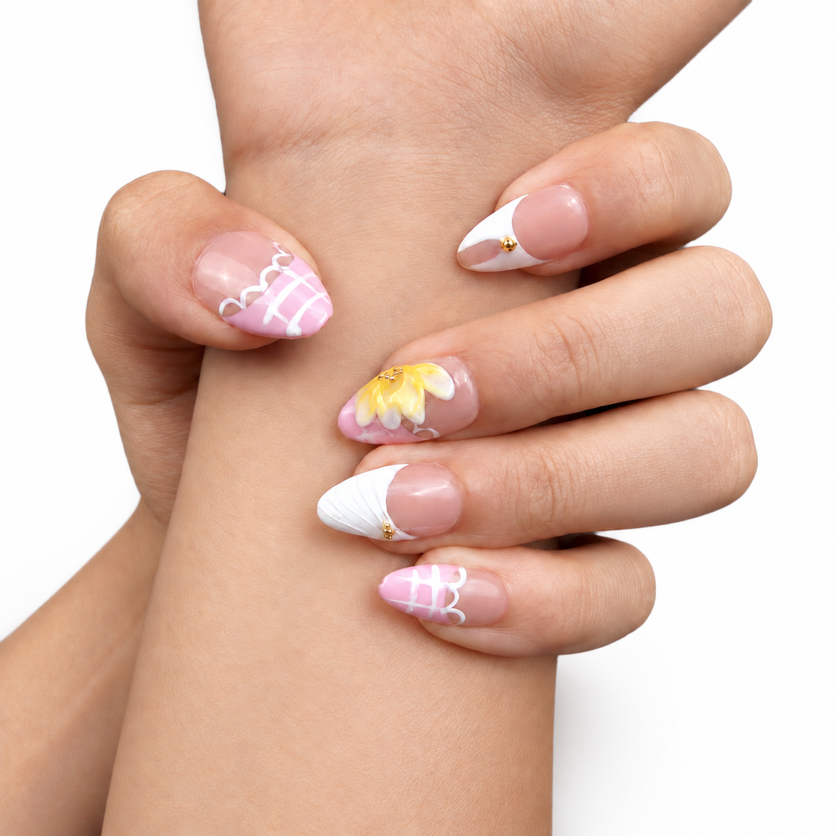 Pink Yellow Butterfly Floral Short Almond Press-On Nails - product view 3
