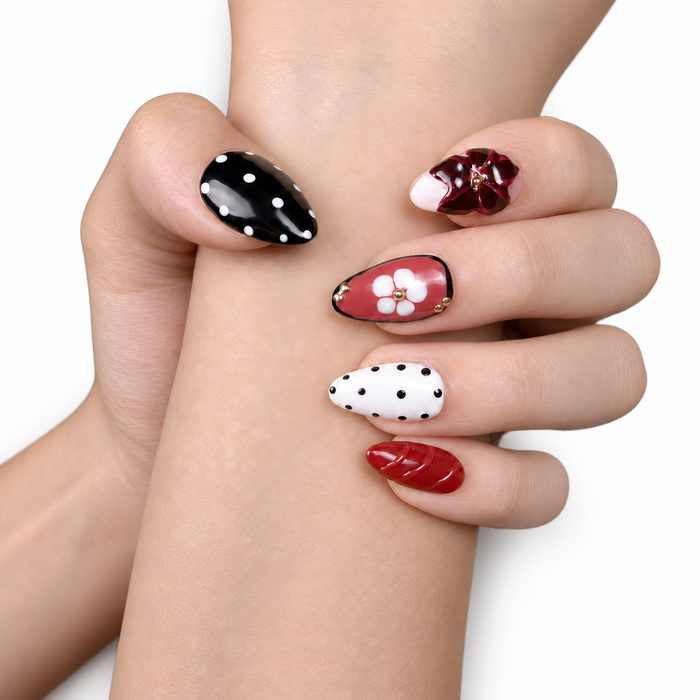Cherry Noir — Floral Almond Press-On Nails