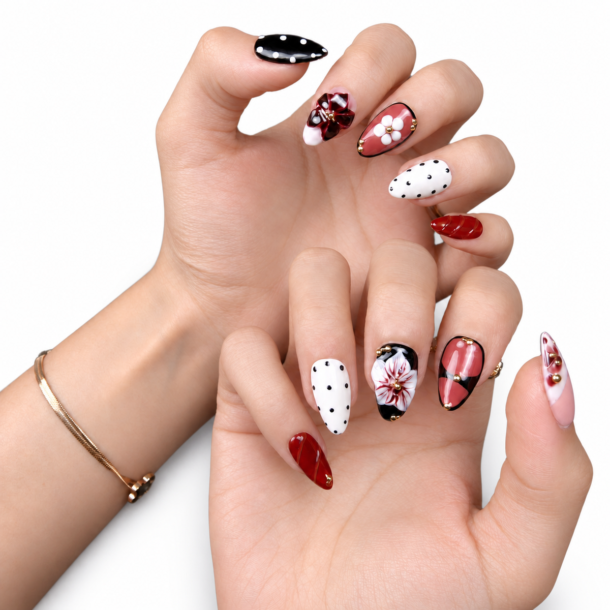 Black Red Cherry Floral Medium Almond Press-On Nails - product view 4
