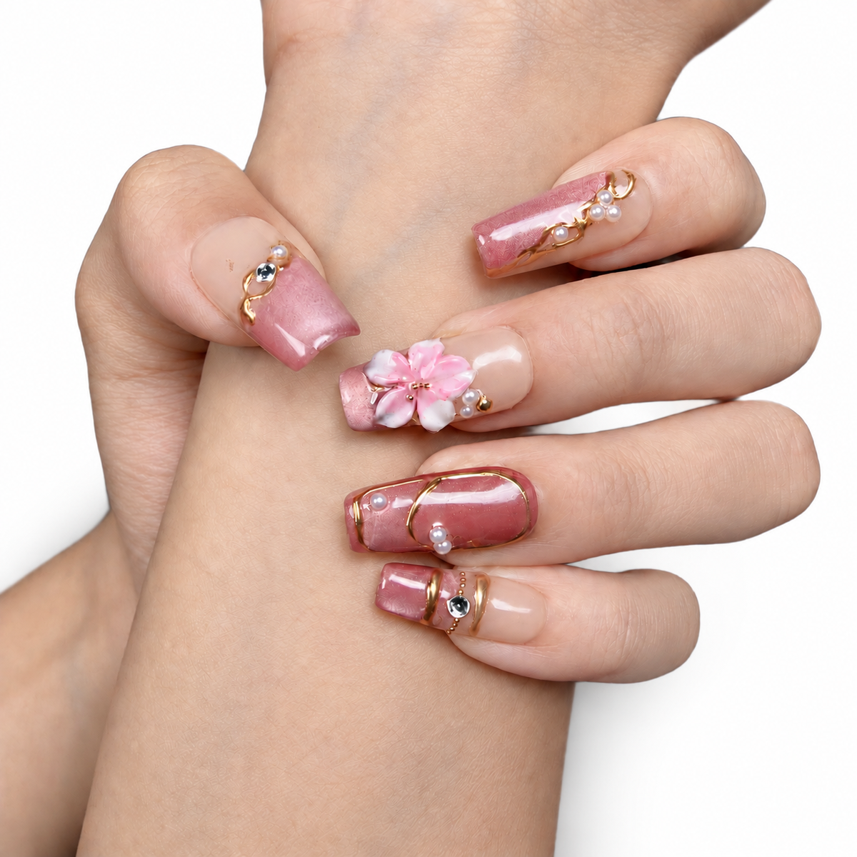 Rose Gold Floral Long Square Press-On Nails - product view 2