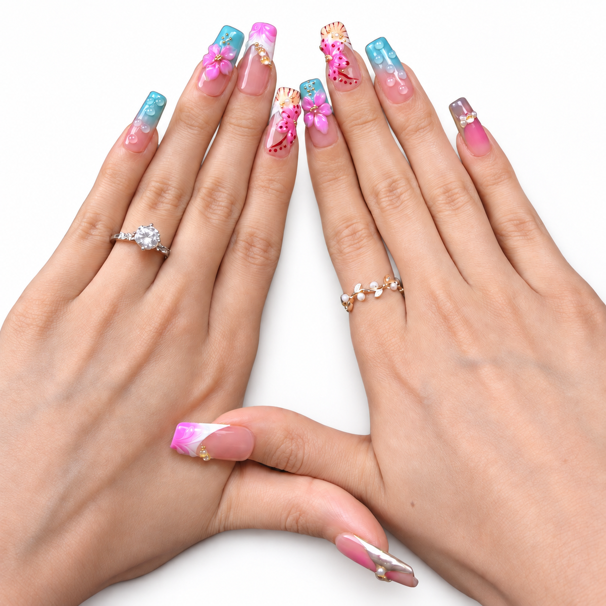 Pastel 3D Flower Long Square Press-On Nails - product view 3