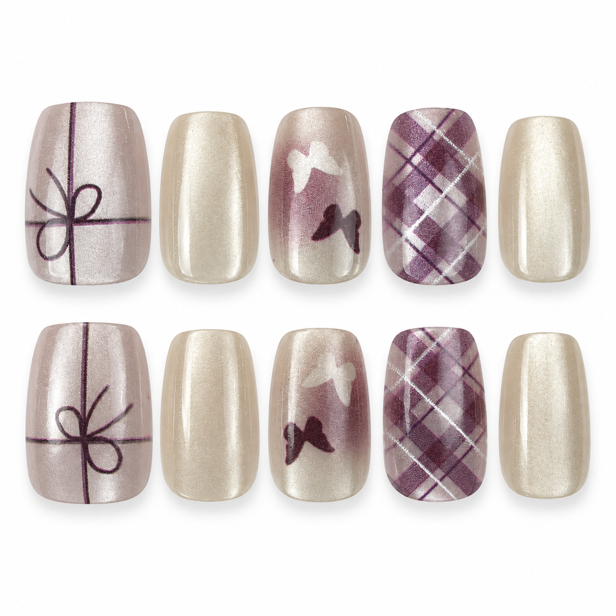 Ribbon Plaid pearl white and plum bow and plaid square press-on nails