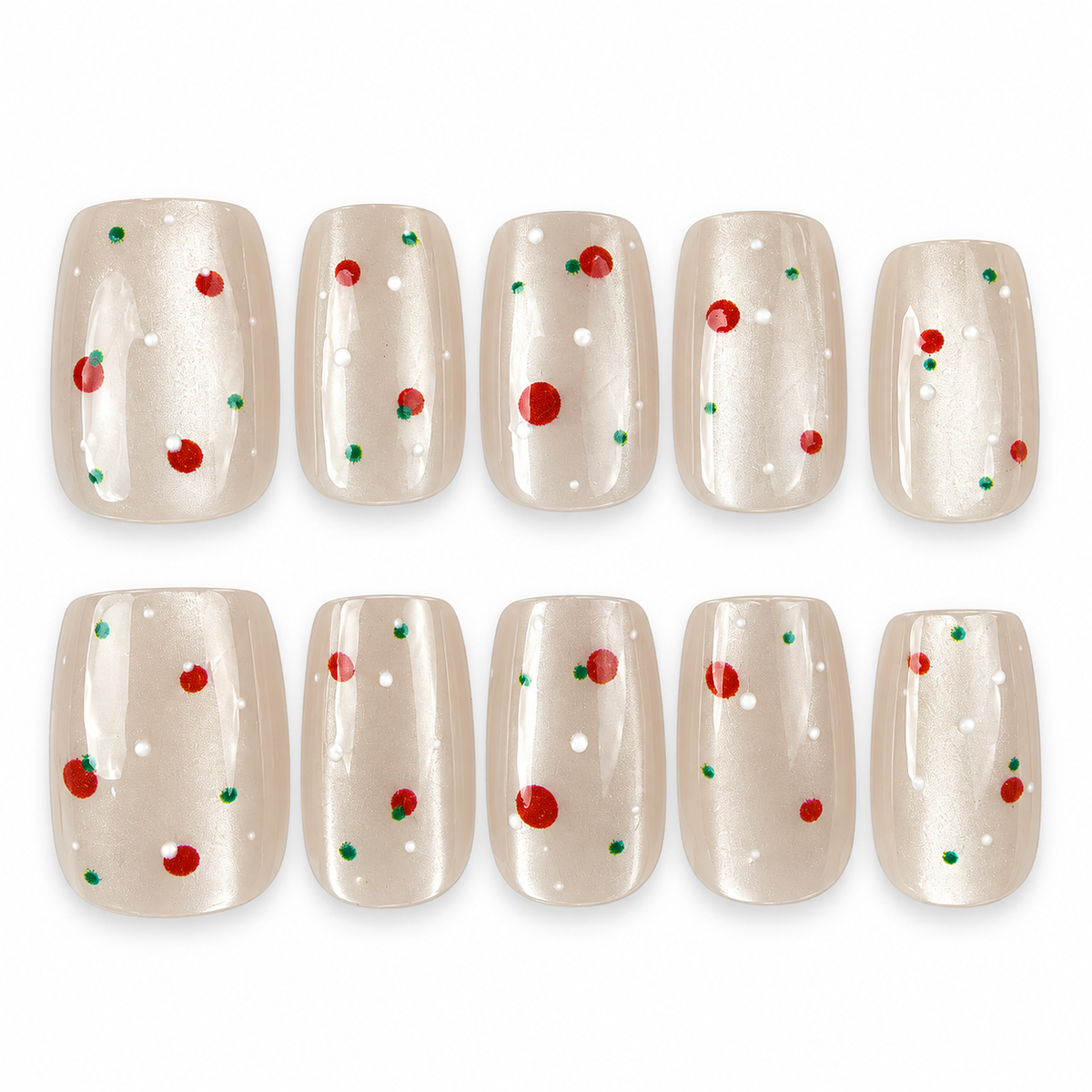 Cherry Pearl pearl white square press-on nails with red cherry accents