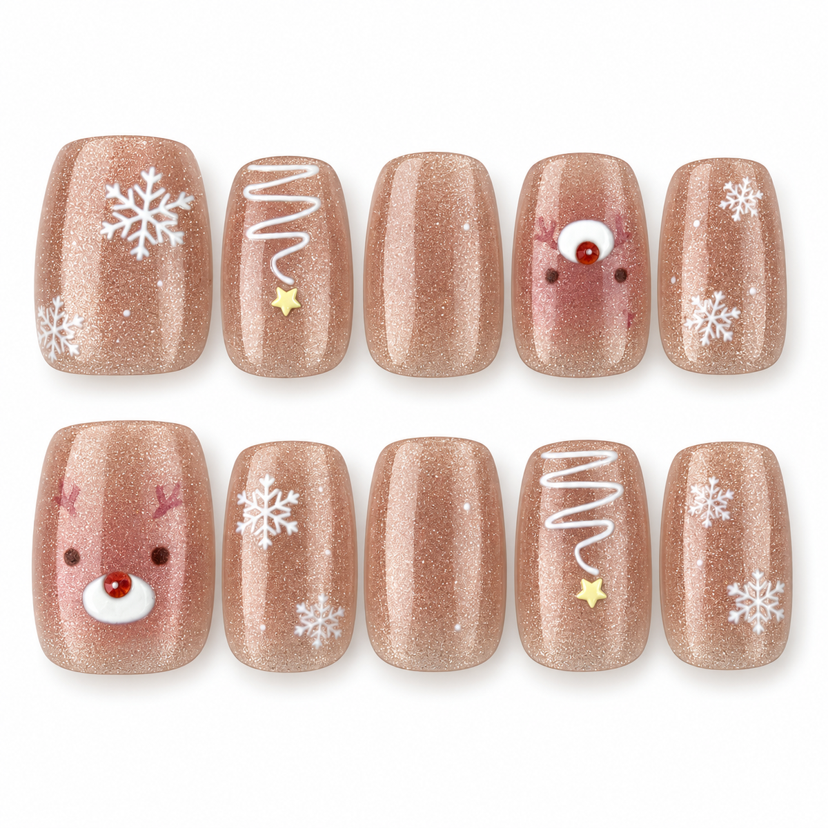 Reindeer Glow rose nude Christmas square press-on nails with silver reindeer and stars