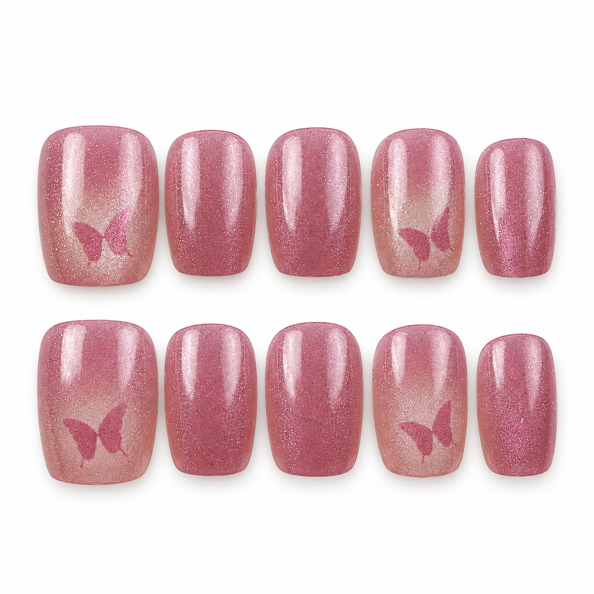 Rose Wings rose pink cat eye square press-on nails with butterfly accents