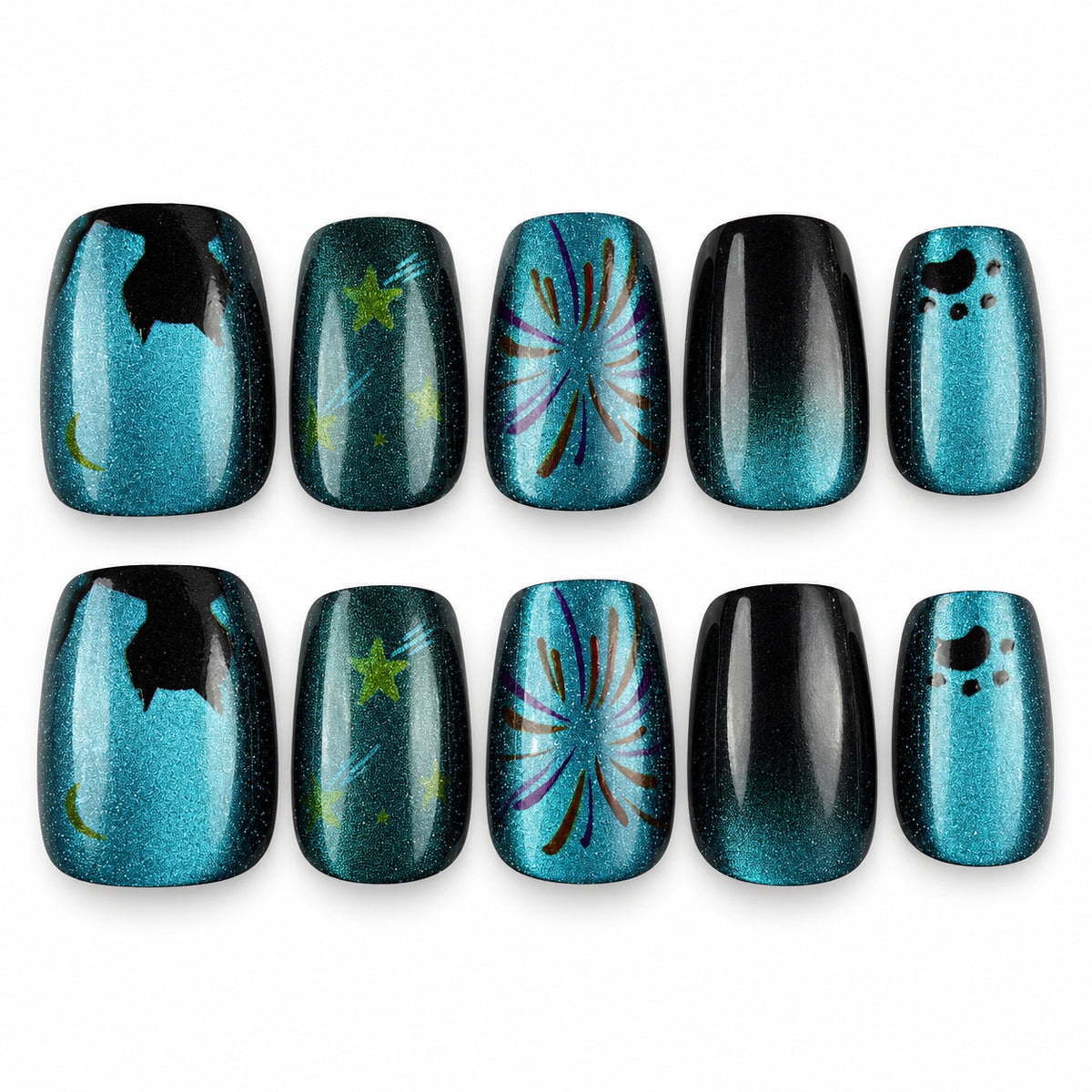 Ocean Afterglow teal and black cat eye square press-on nails
