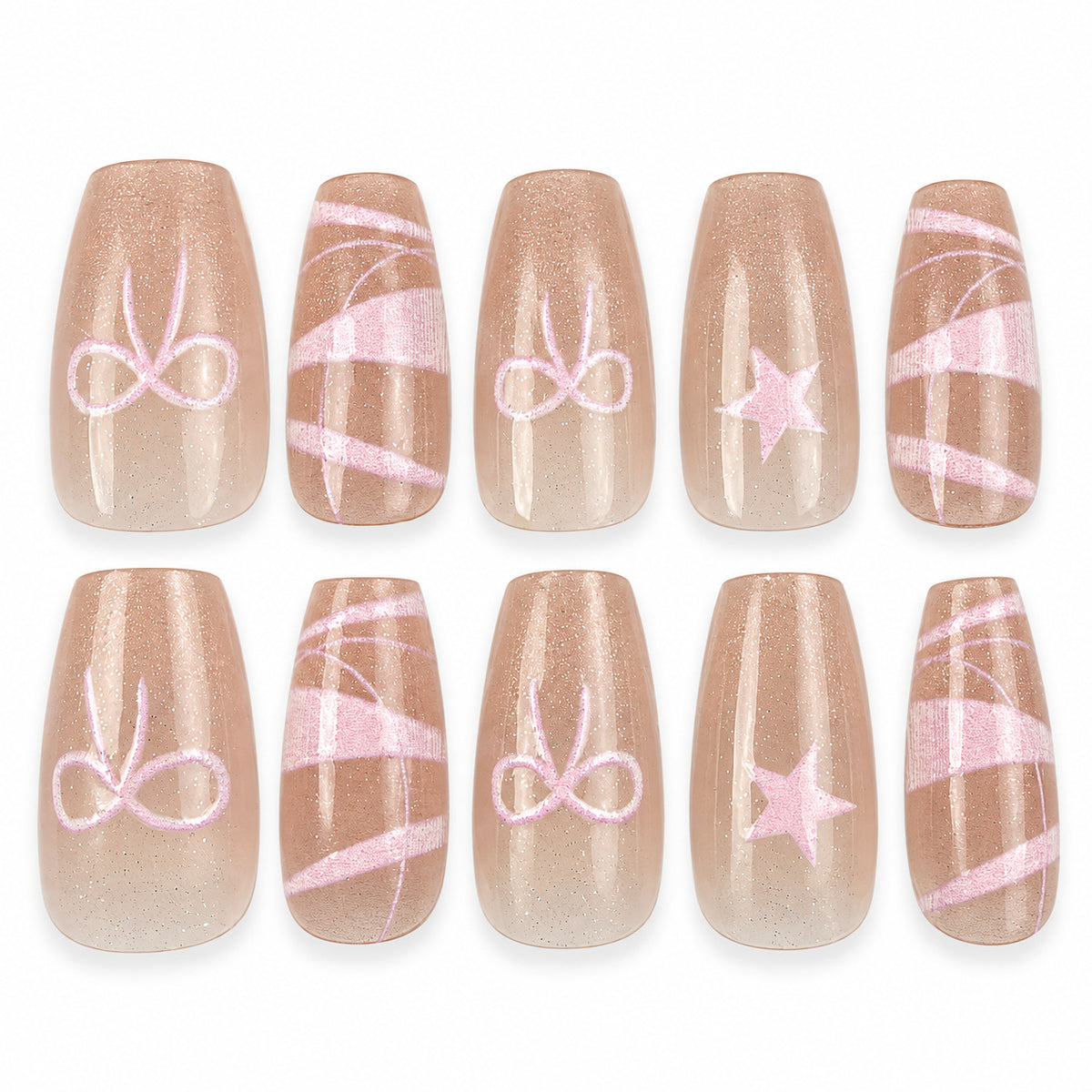 Blush Ribbon nude pink coffin press-on nails with white ribbon and bow designs