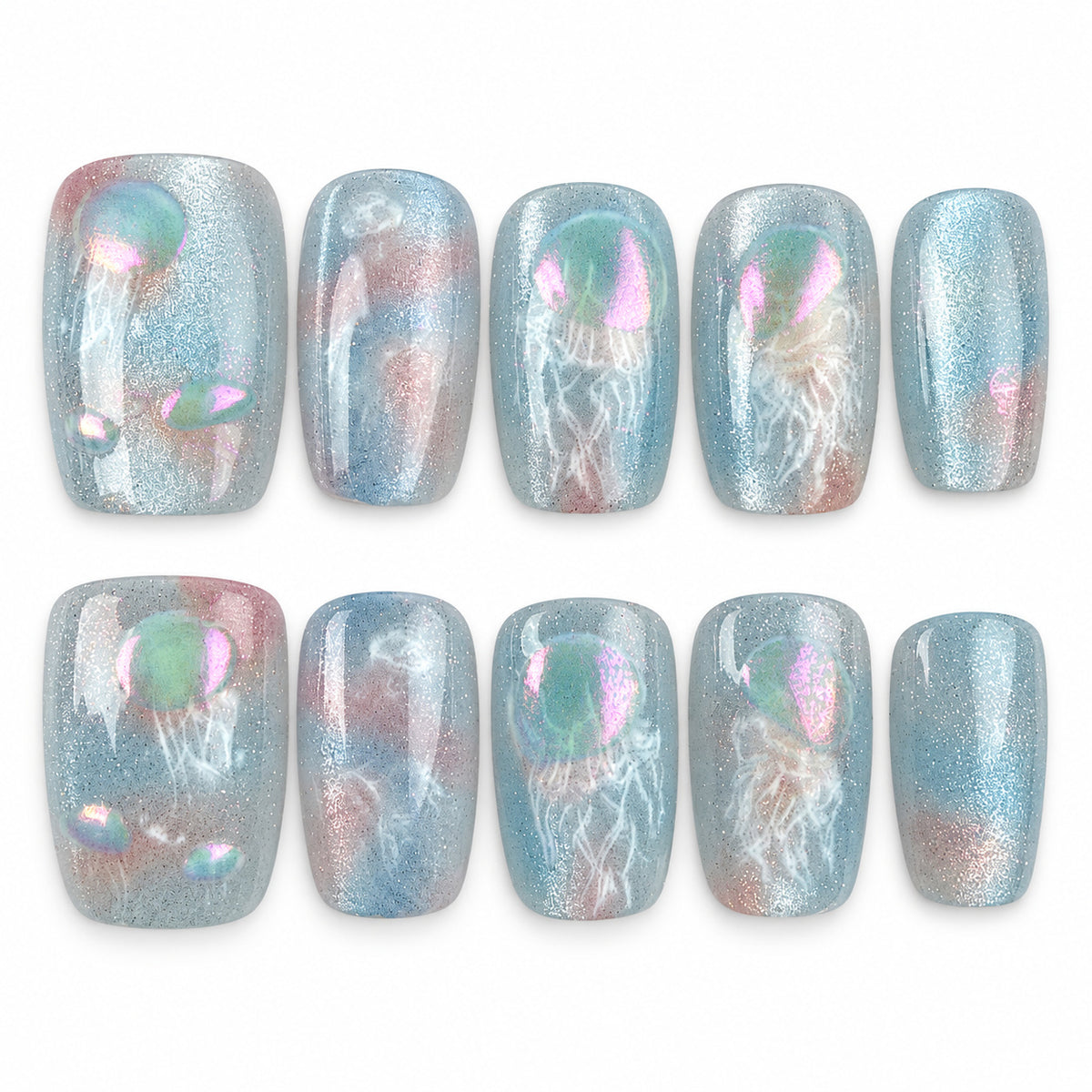 Jellyfish Drift blue iridescent jellyfish square press-on nails