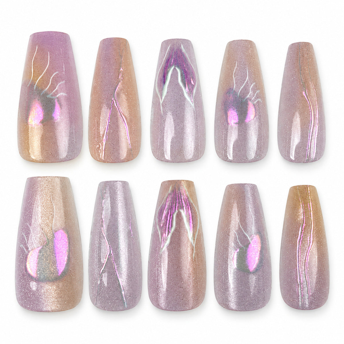 Iris Lightning lavender iridescent abstract coffin press-on nails