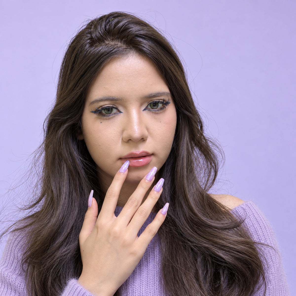 Model wearing Iris Lightning lavender iridescent abstract coffin press-on nails