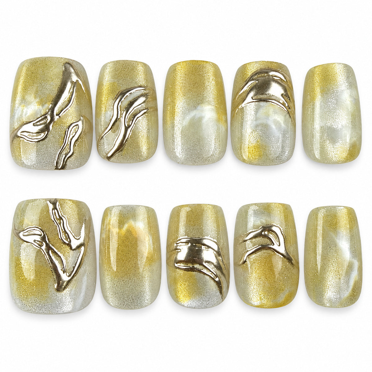 Citrine Marble yellow marble square press-on nails with metallic accents