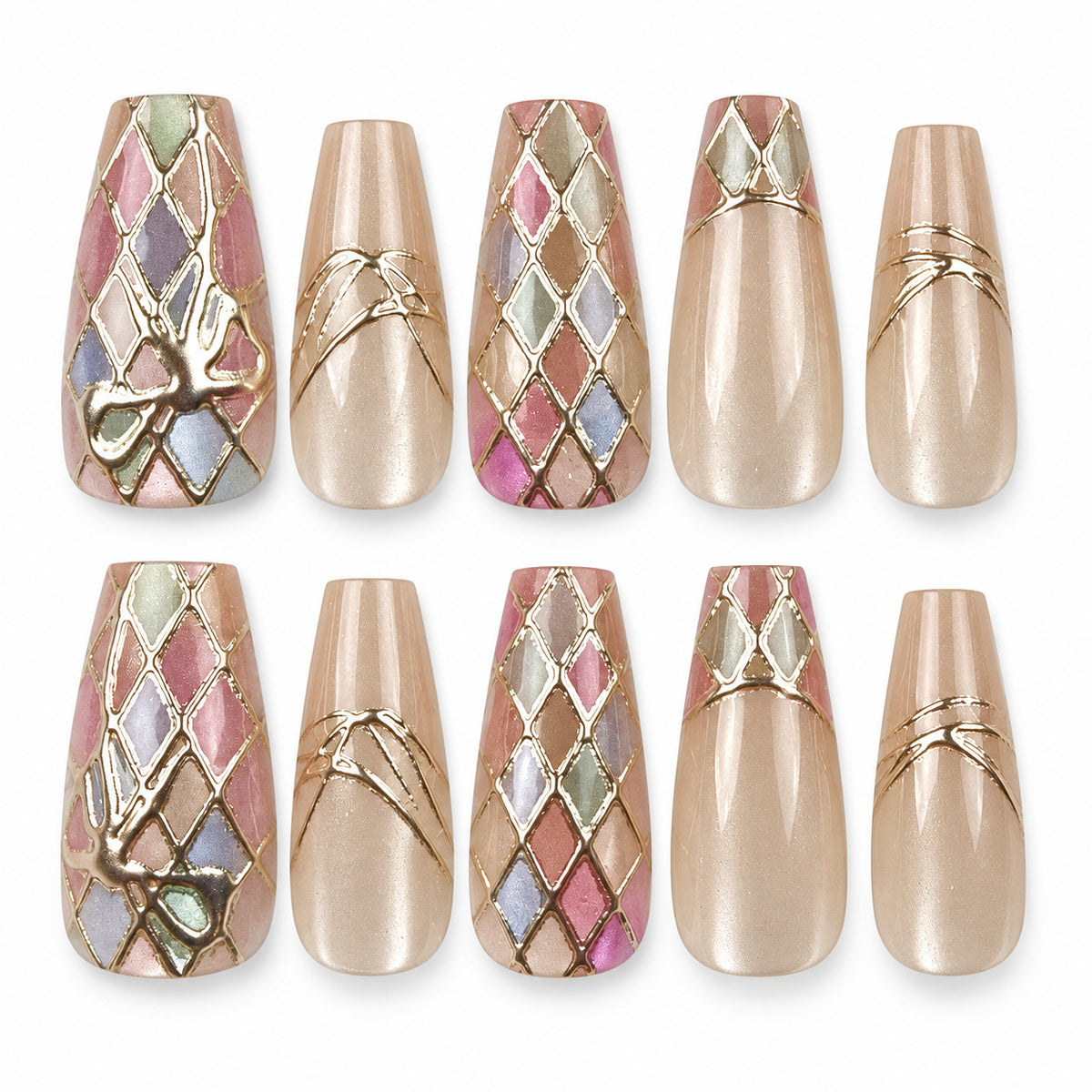 Pastel Mosaic pastel harlequin and bow coffin press-on nails