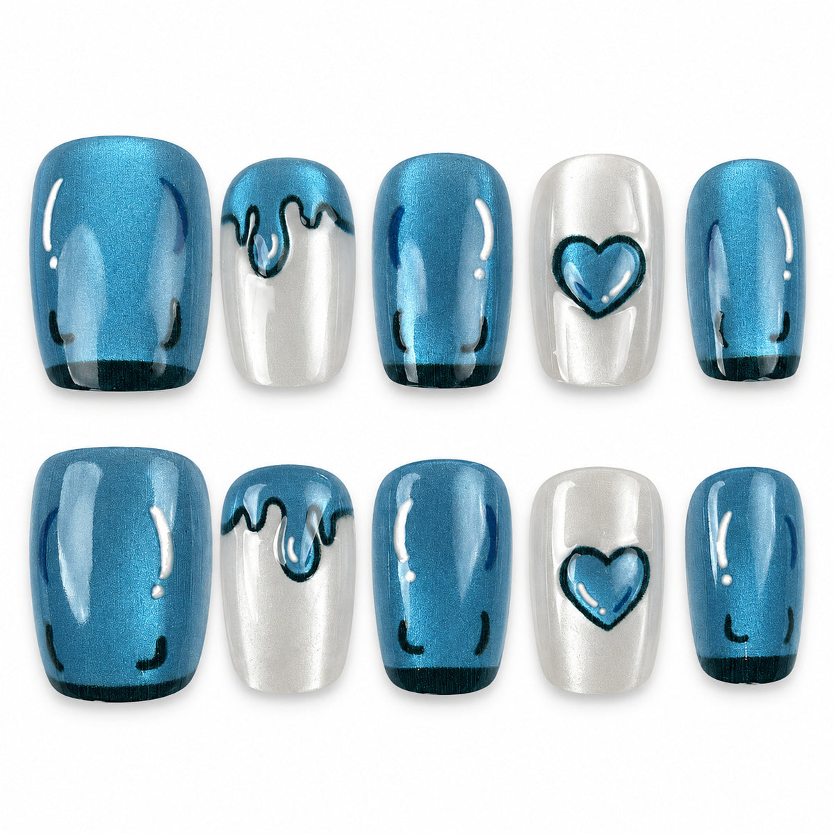 Blue Heart Drip blue chrome and pearl white heart square press-on nails