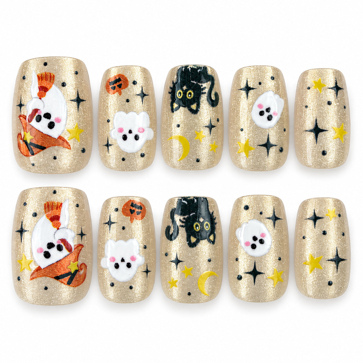 Spooky Confetti gold-toned ghost and pumpkin Halloween square press-on nails