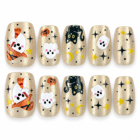 Spooky Confetti | Gold-Toned Ghost & Pumpkin Halloween Square Press-On Nails