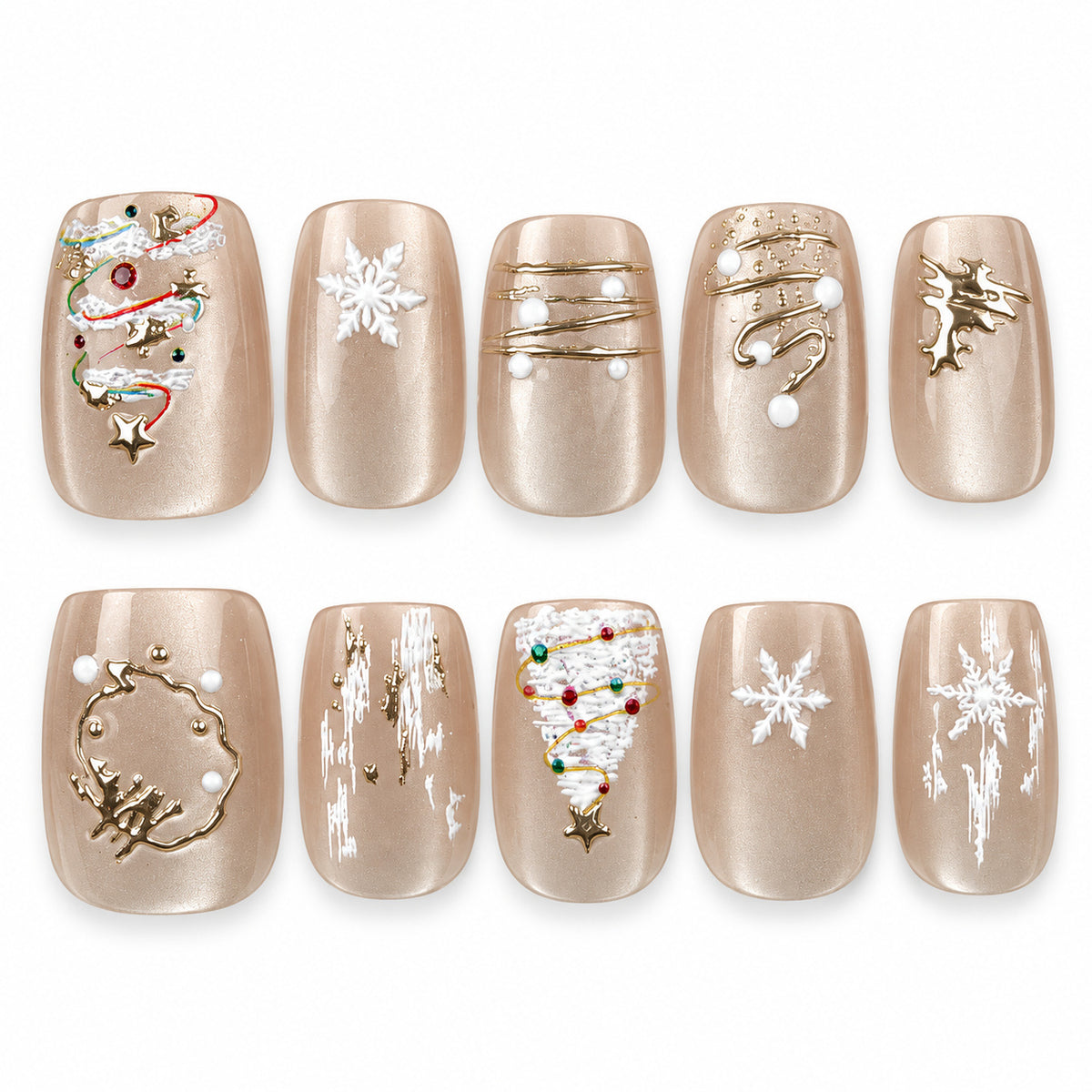 Champagne Fir champagne tree and snowflake Christmas square press-on nails