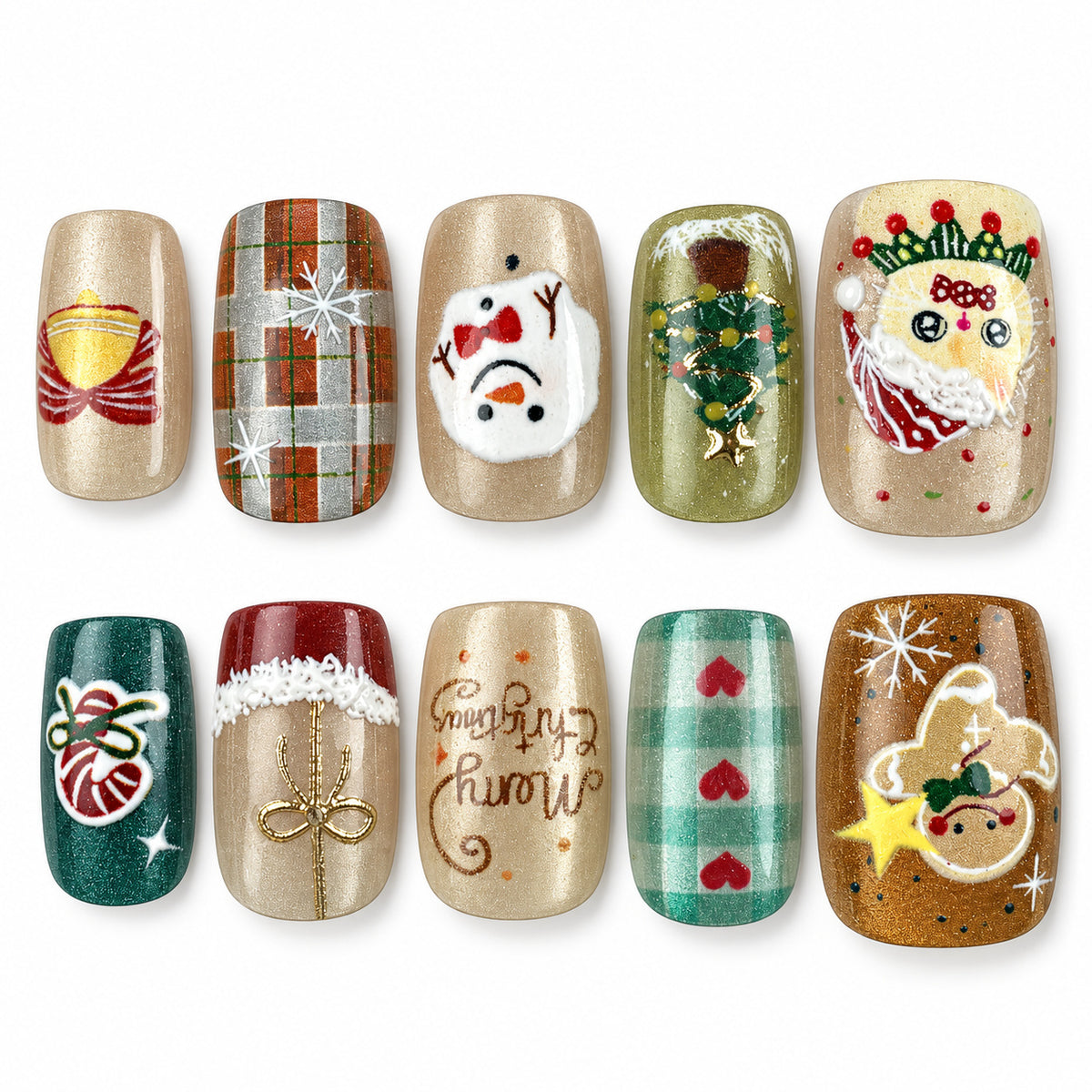 Holiday Patchwork plaid and festive Christmas square press-on nails