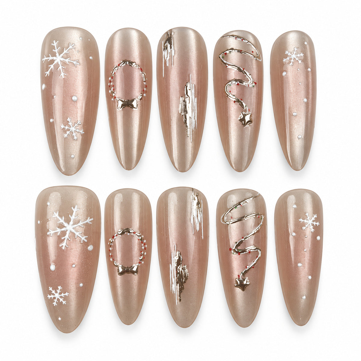 Winter Orbit champagne snowflake Christmas almond press-on nails