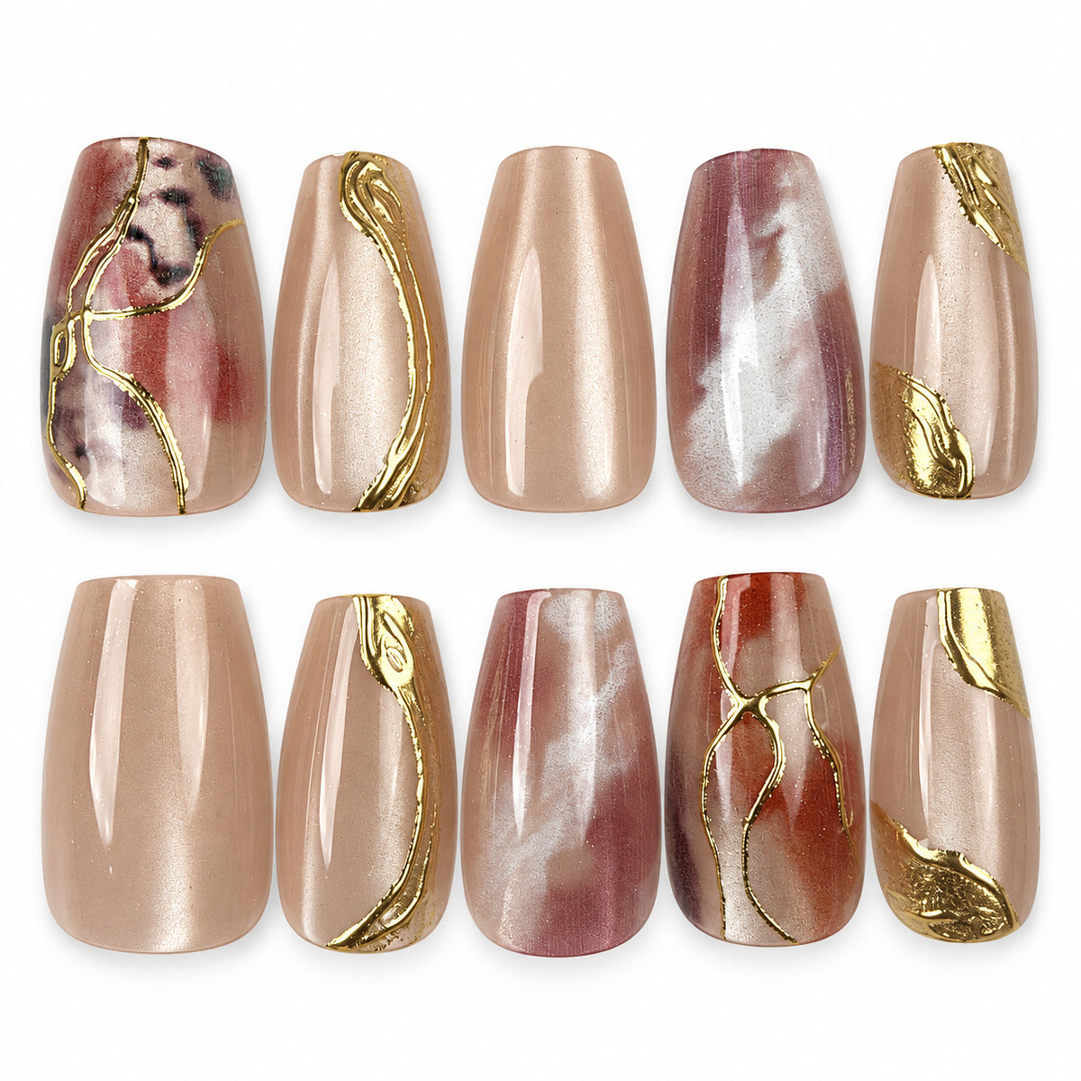 Amber Vein rose marble and gold-tone coffin press-on nails