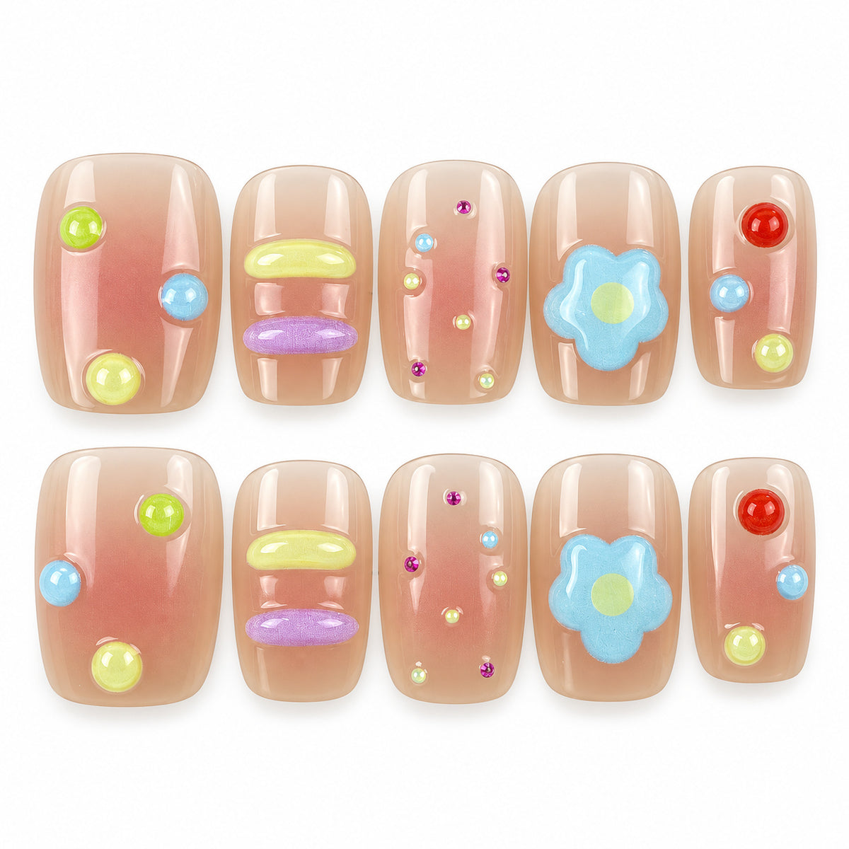 Candy Garden pastel square press-on nails with blue flower accents