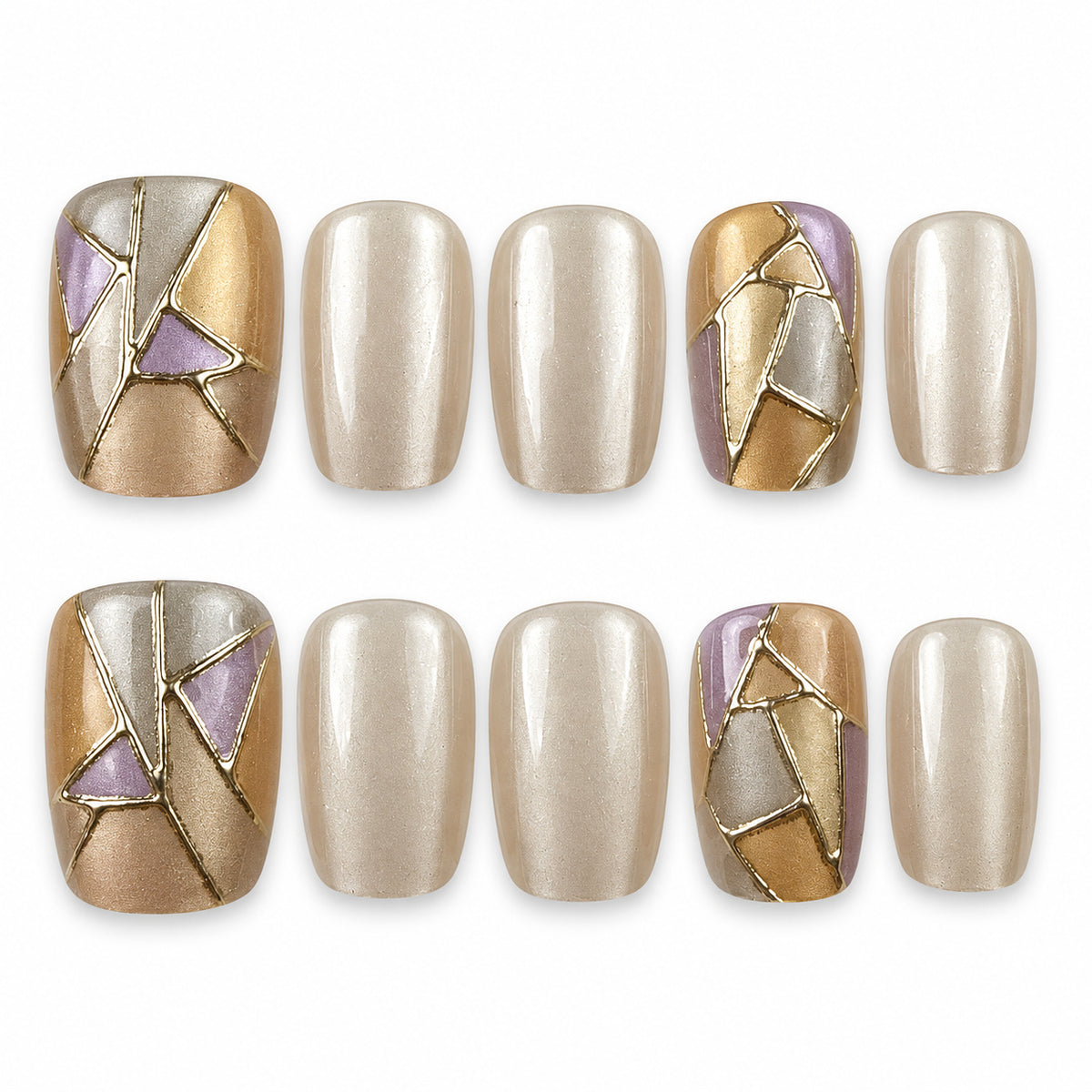 Pearl Mosaic pearl white and gold-tone geometric square press-on nails