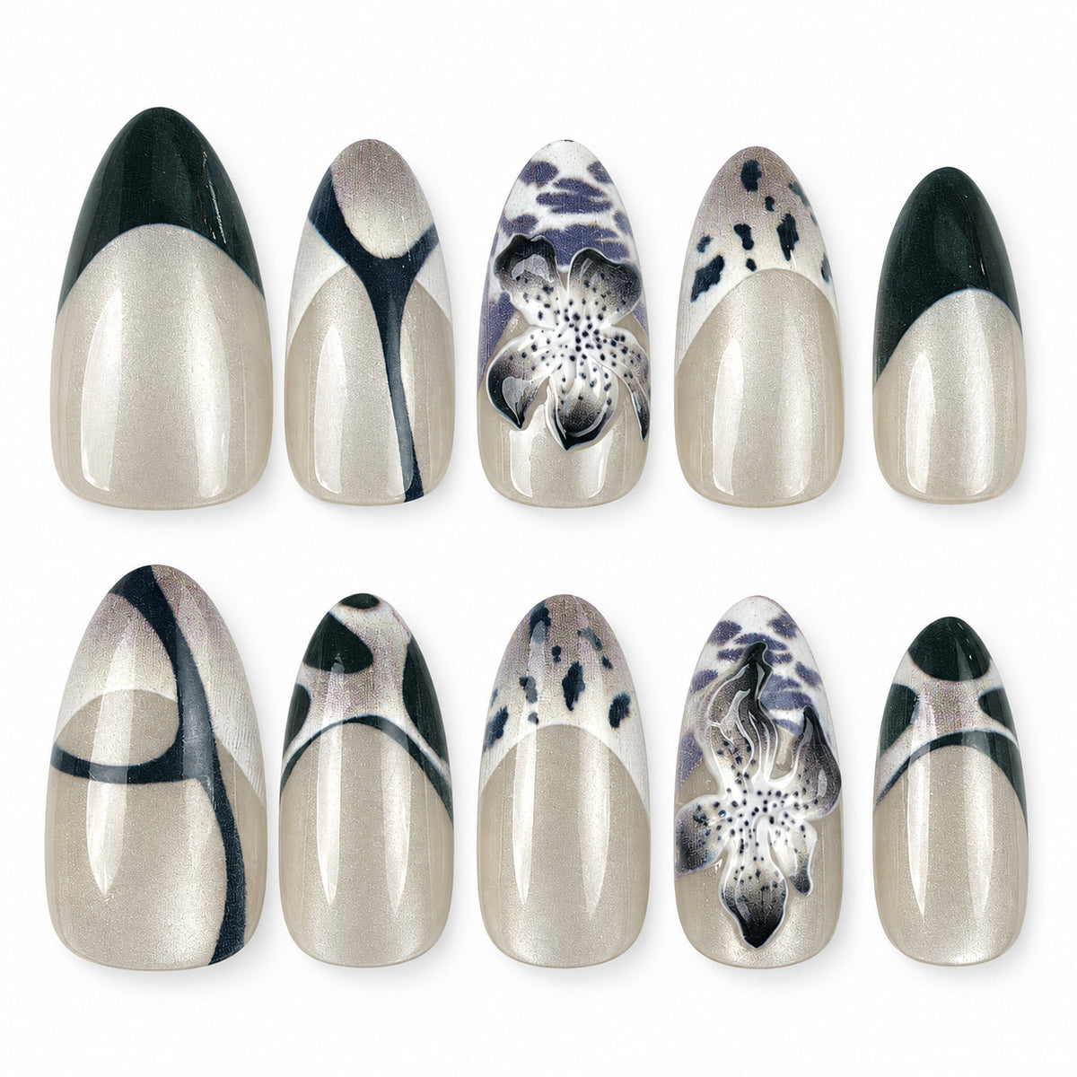Midnight Iris black French tip and pearl white floral almond press-on nails