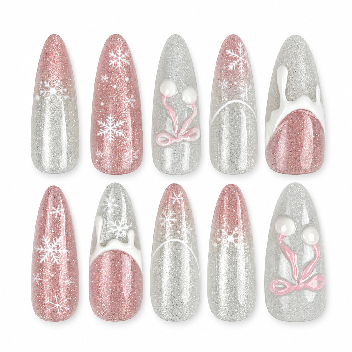Snowdrop Ribbon pink and pearl white Christmas almond press-on nails
