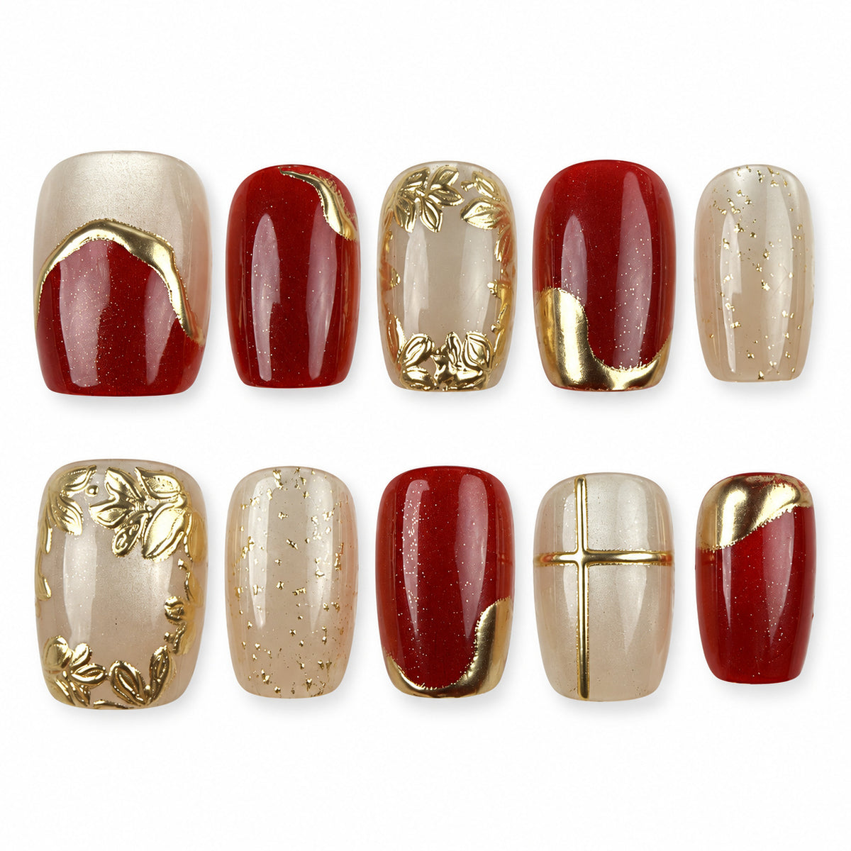 Crimson Frame red and gold-tone square press-on nails