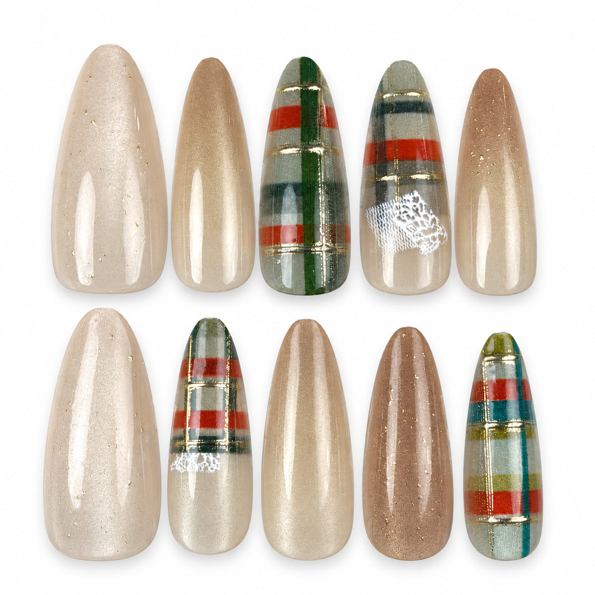 Cozy Plaid champagne and green plaid Christmas almond press-on nails