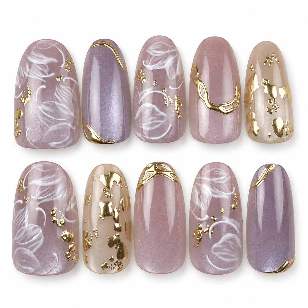 Lavender Vine lavender floral almond press-on nails with gold accents