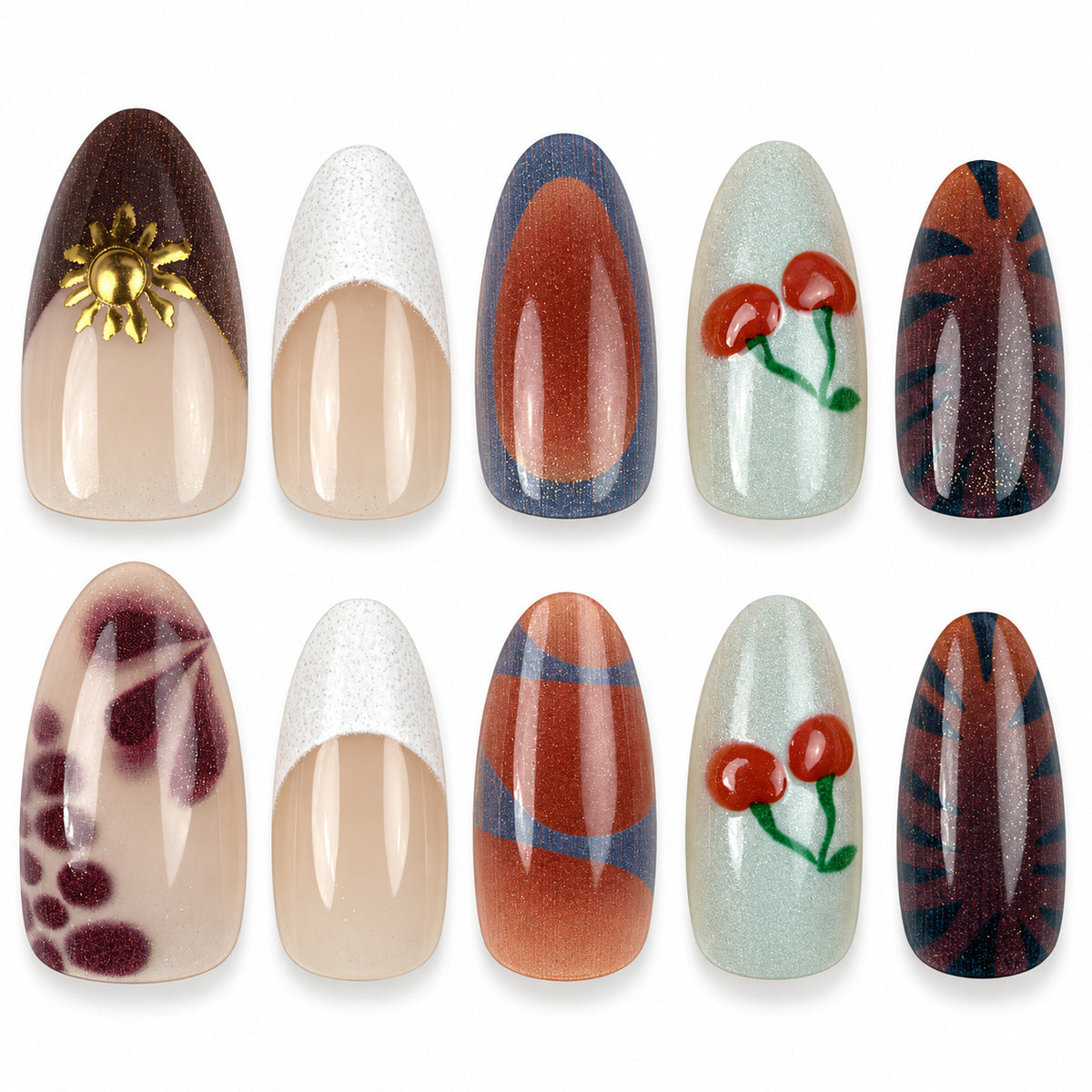 Autumn Picnic plaid, cherry and floral almond press-on nails