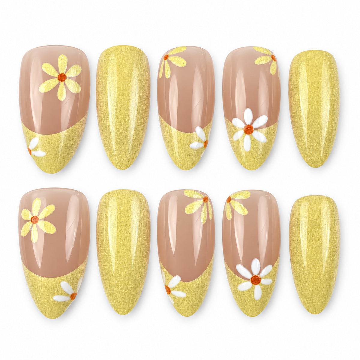 Sunshine Daisy yellow French tip daisy almond press-on nails