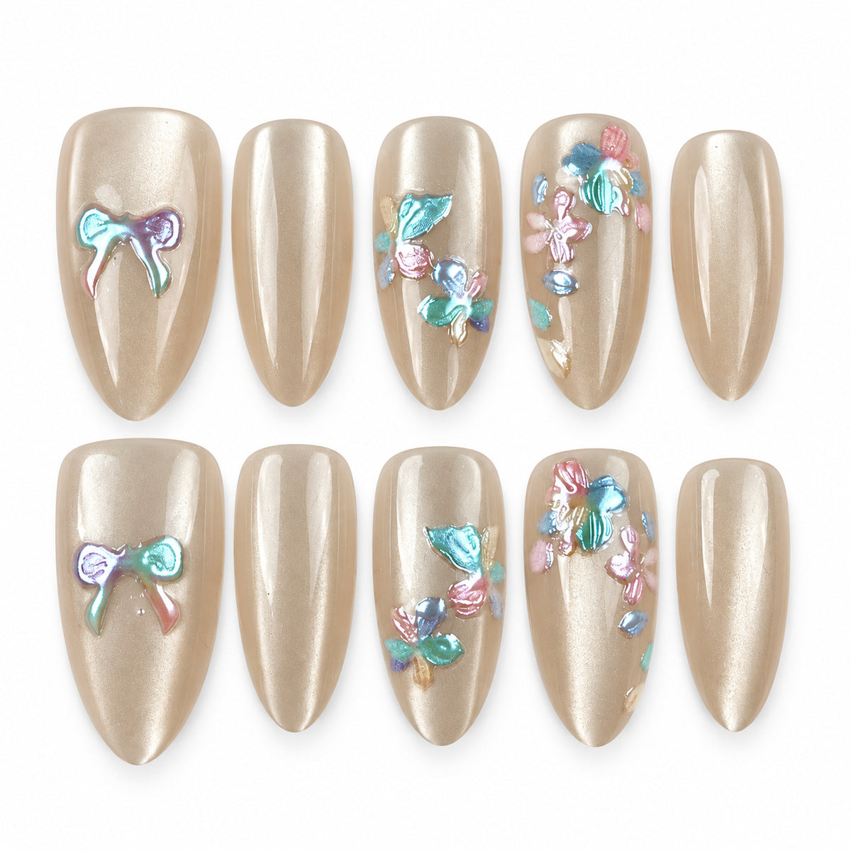 Opal Bouquet pearl-toned bow and floral almond press-on nails